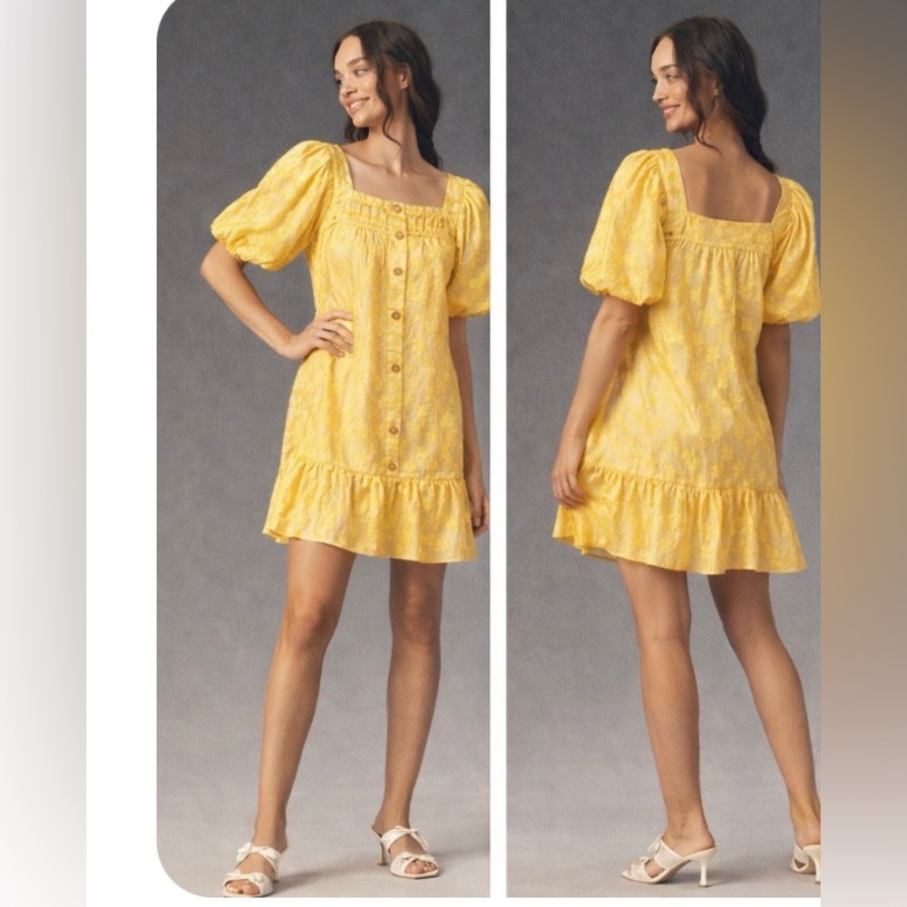 Anthropologie Moon River Yellow Back Button Tiered Mini Dress